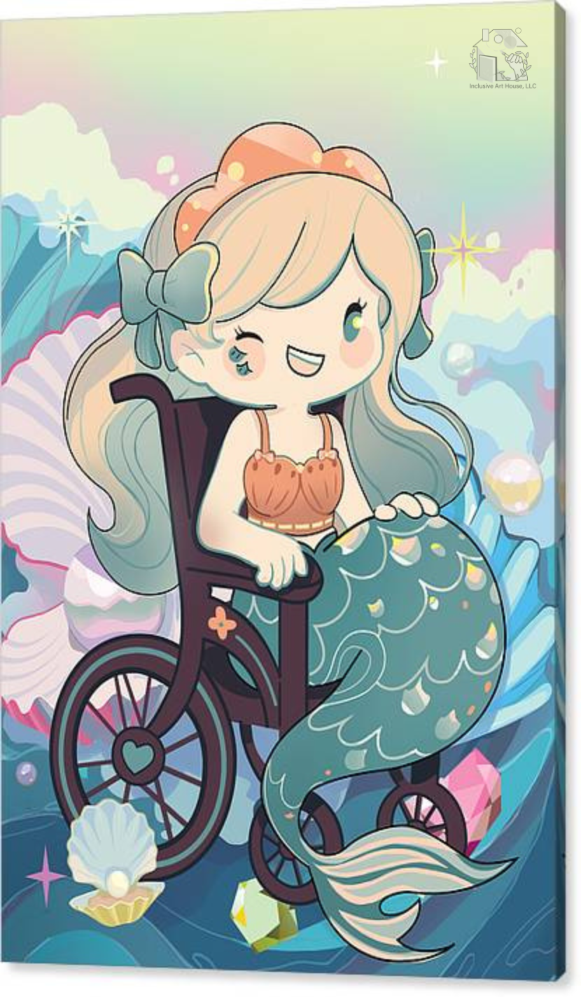 Inclusion is Mermazing, a happy mermaid in a wheelchair designed to promote self worth for all people with physical and mental handicaps adorn with pearls and waves