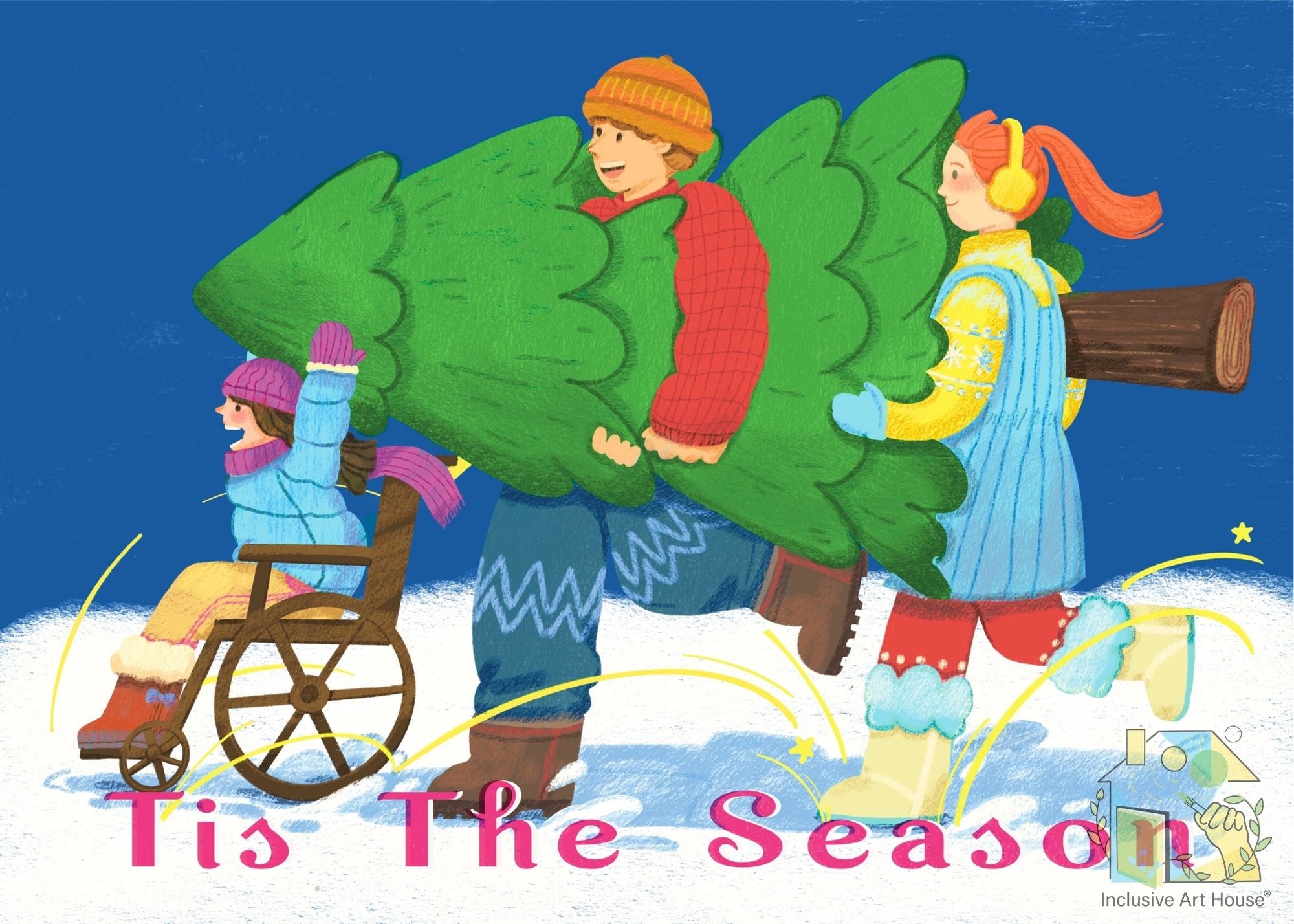 Illustration of three people carrying a Christmas tree with 'Tis The Season' text on a blue background.