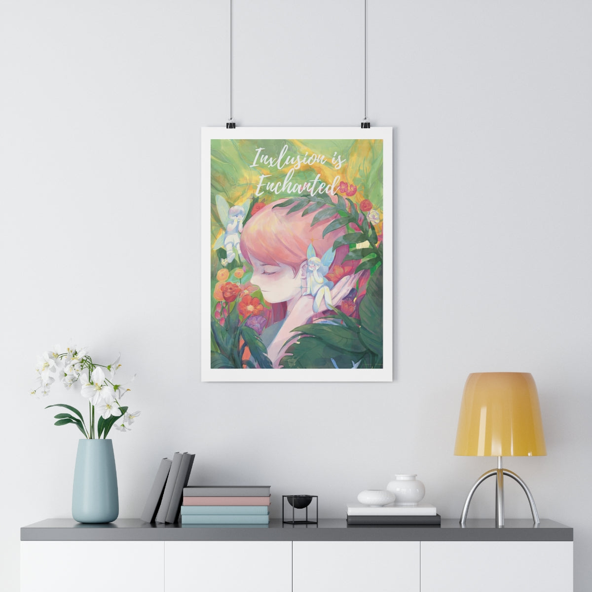 Inclusion art print showing a young girl with intellectual delays being reassured by fairies about her beauty and value to the world.