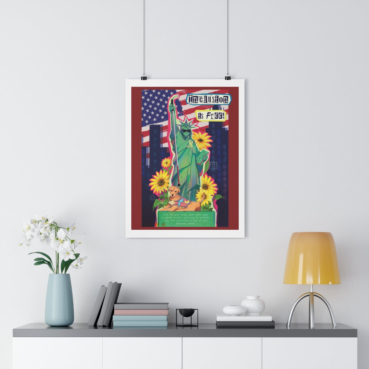 A poster featuring the Statue of Liberty intertwined with symbols of mental and physical disabilities, promoting freedom and support for all individuals.