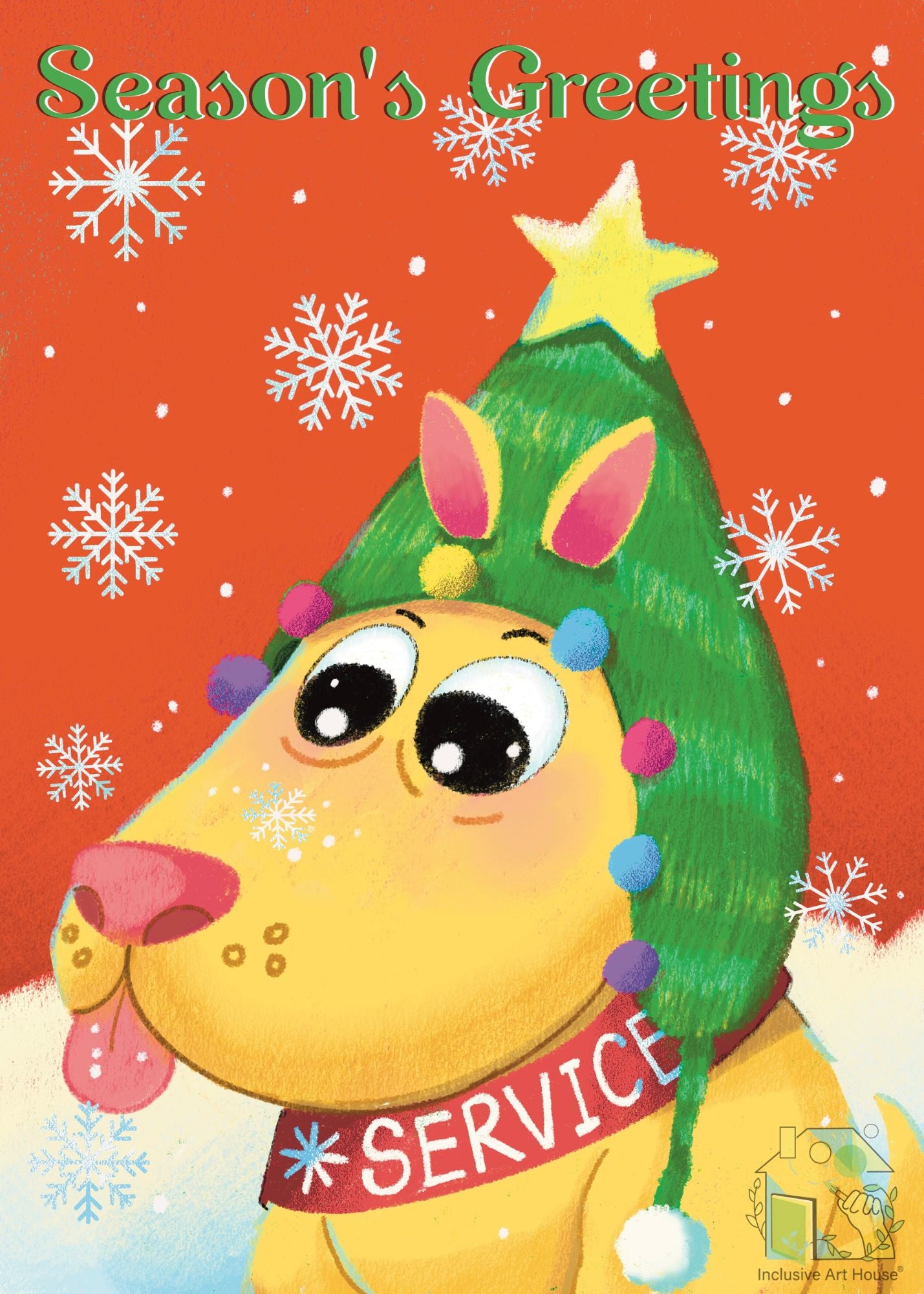 This holiday greeting card shows Lucky, the service dog wearing a Christmas tree hat with snowflakes and 'Season's Greetings' text on an orange background.