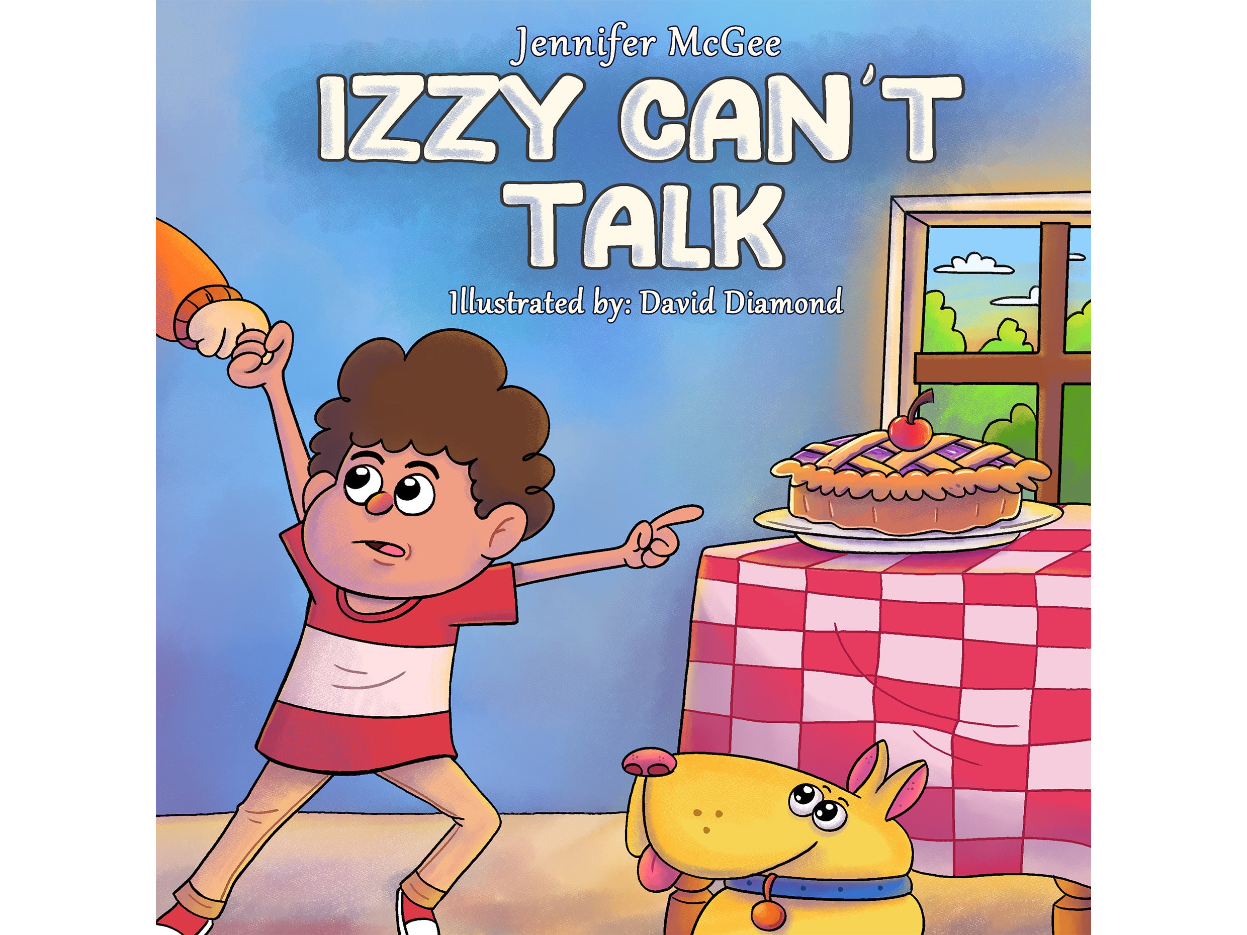 book cover of izzy can't talk with Izzy with profound autism and his service dog Lucky