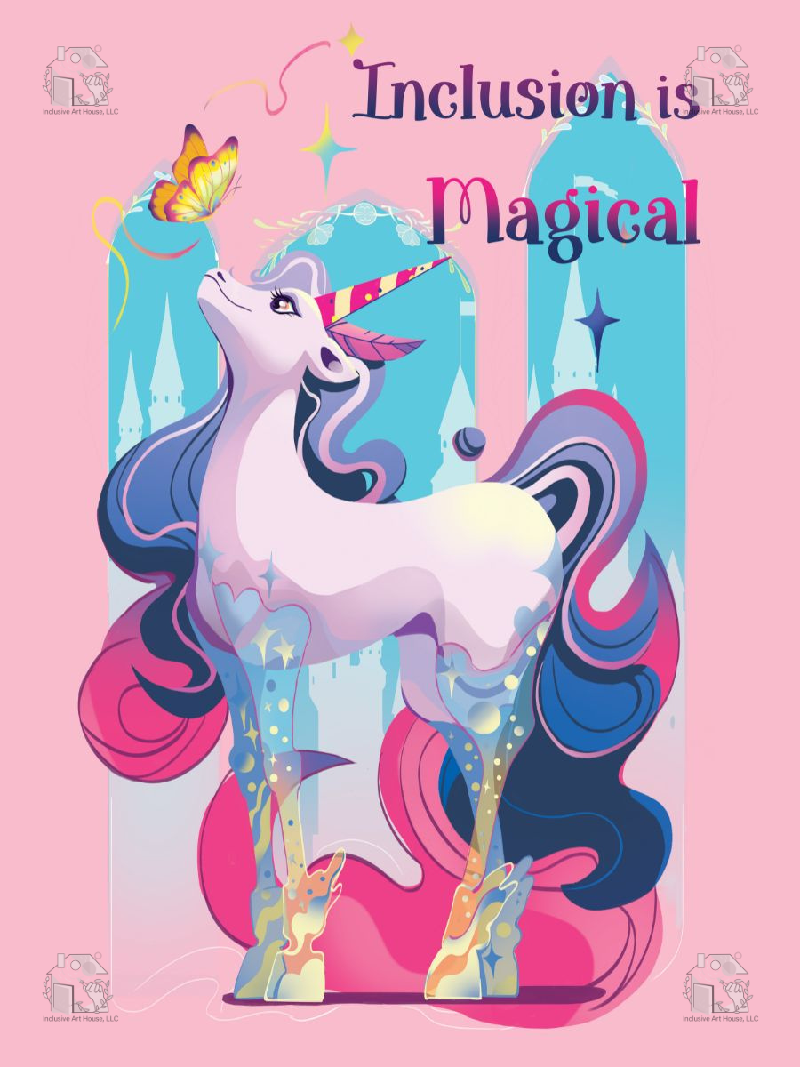 inclusion is magical with a unicorn in a prosthetic and a butterfly