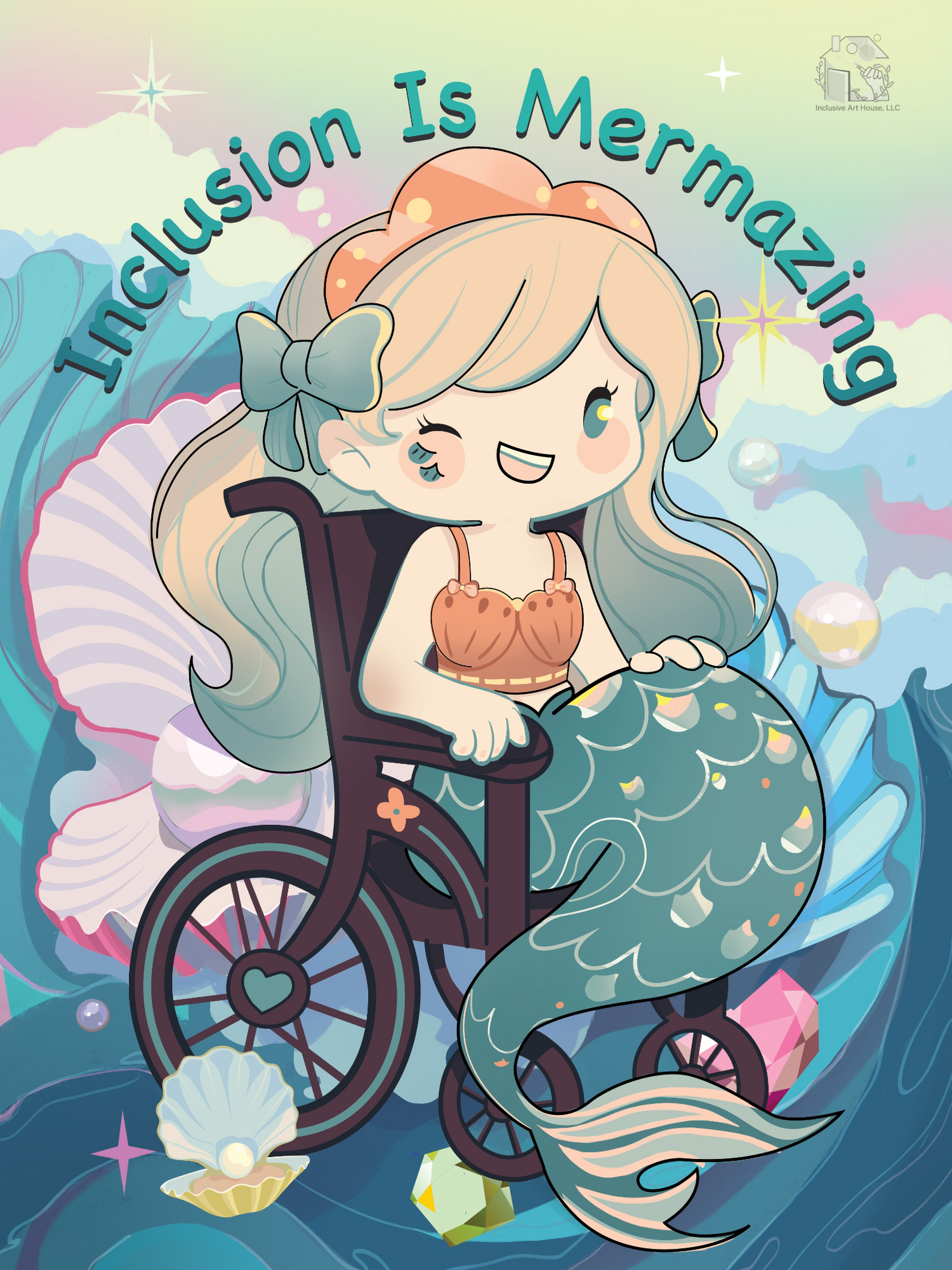 Inclusion is Mermazing in English, a happy mermaid in a wheelchair designed to promote self worth for all people with physical and mental handicaps adorn with pearls and waves