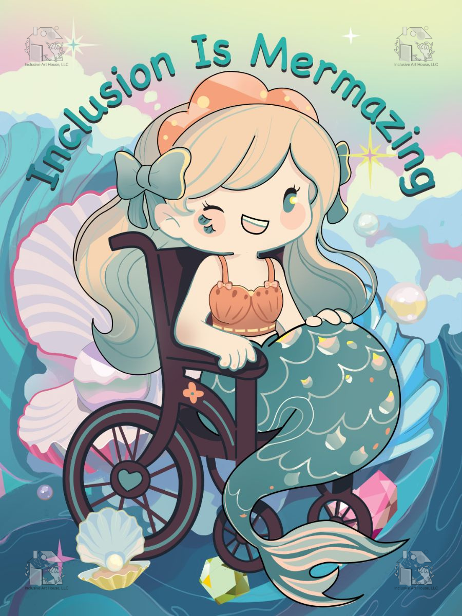 inclusion is mermazing a mermaid in a wheelchair designed with pearls, shells, and a waves