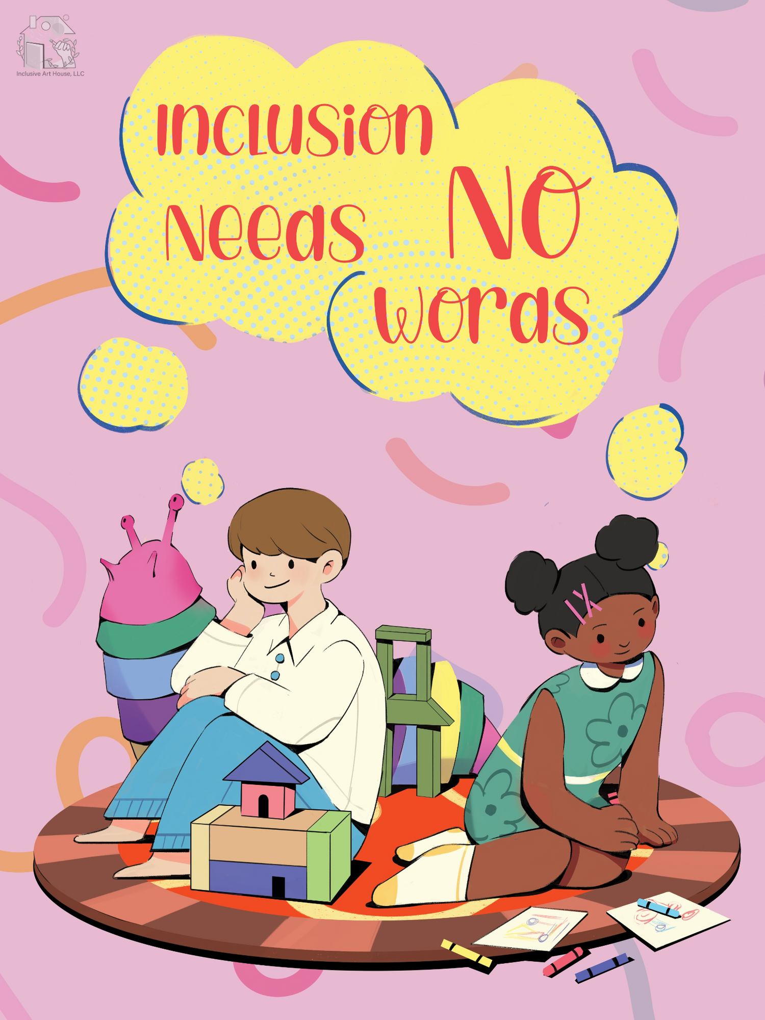 inclusion needs no words in english two nonverbal child is playing and coloring her coloring books designed to to inspire social inclusion of nonverbal person 