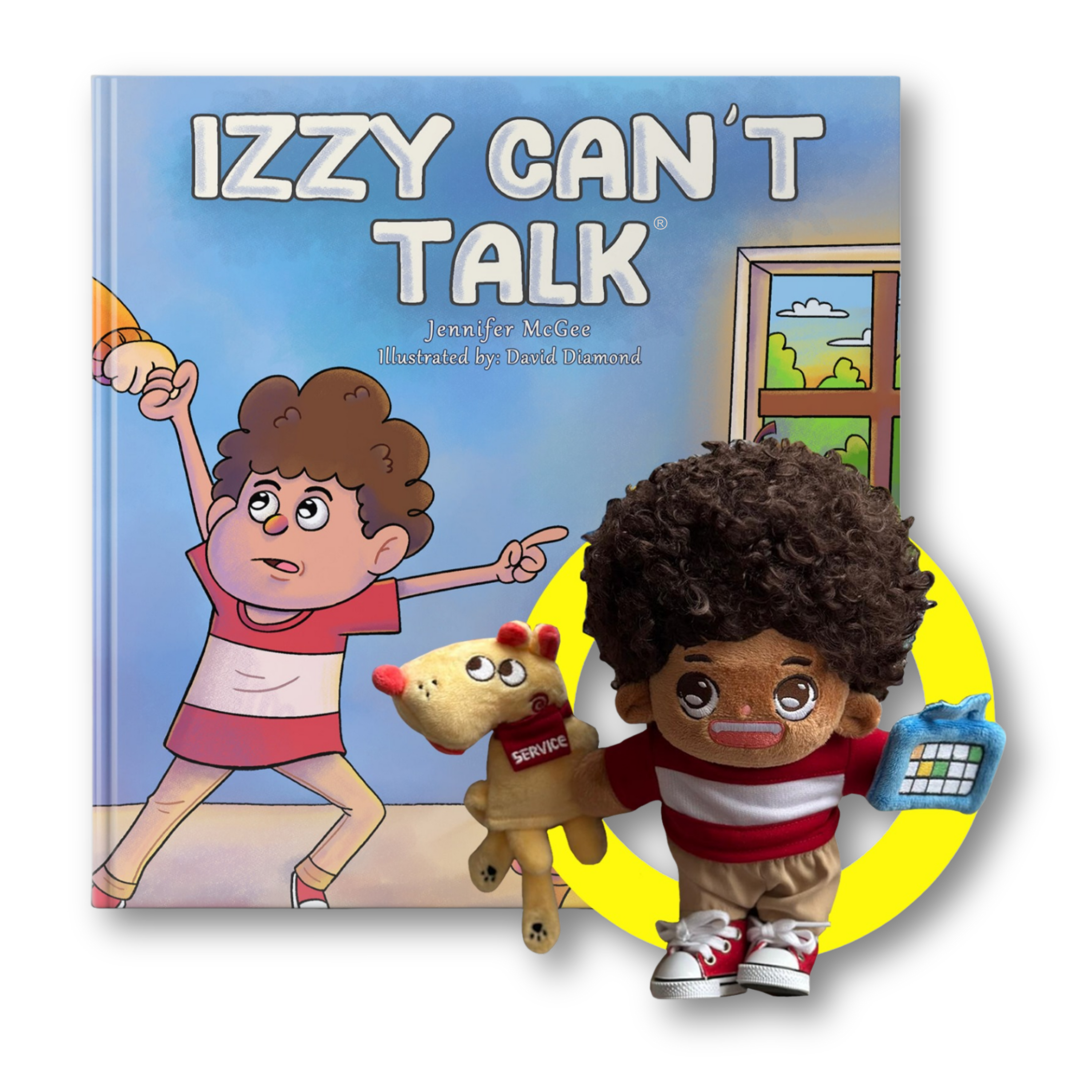 a childrens book about a special ne titled 'Izzy Can't Talk' with a plush doll of Izzy a nonverbal boy and his service dog named Lucky, super saver combo deal of a book and a doll