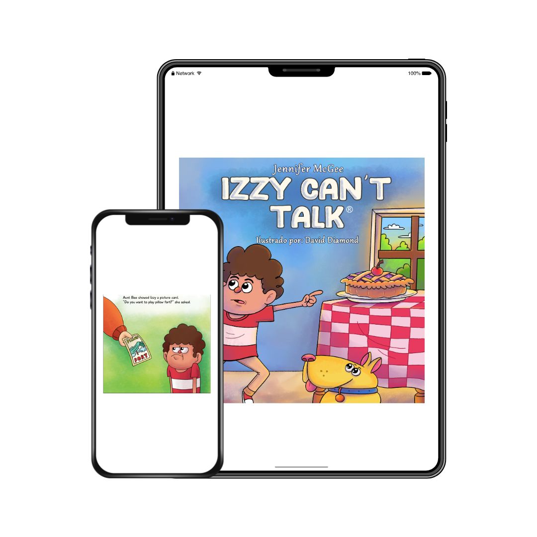 Tablet and smartphone displaying the book 'Izzy Can't Talk' with a cartoon character named Izzy who has a profound autism with his service dog named Lucky on a white background.