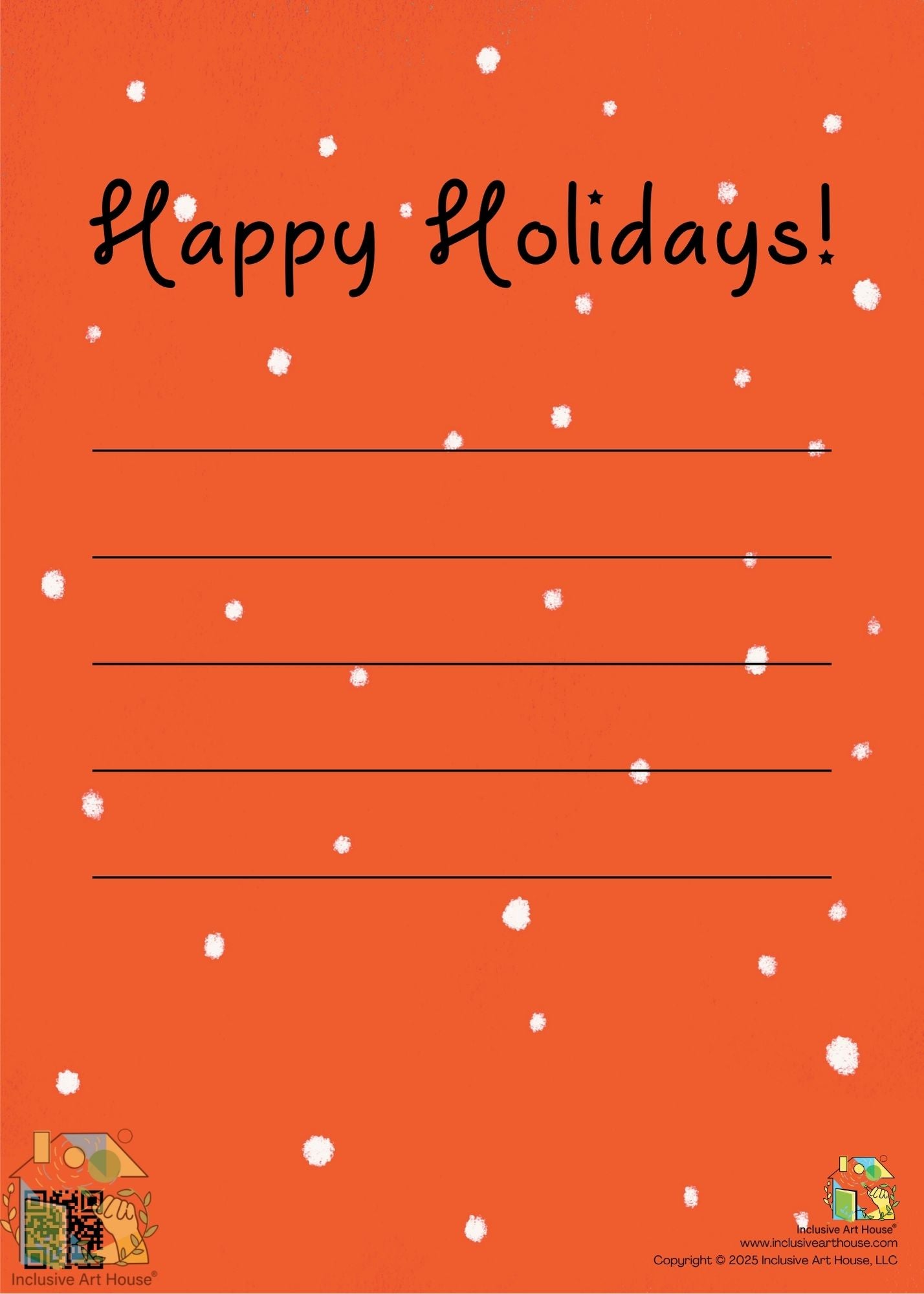 Happy Holidays greeting card with orange background and snowflakes, with a space to write your dedication
