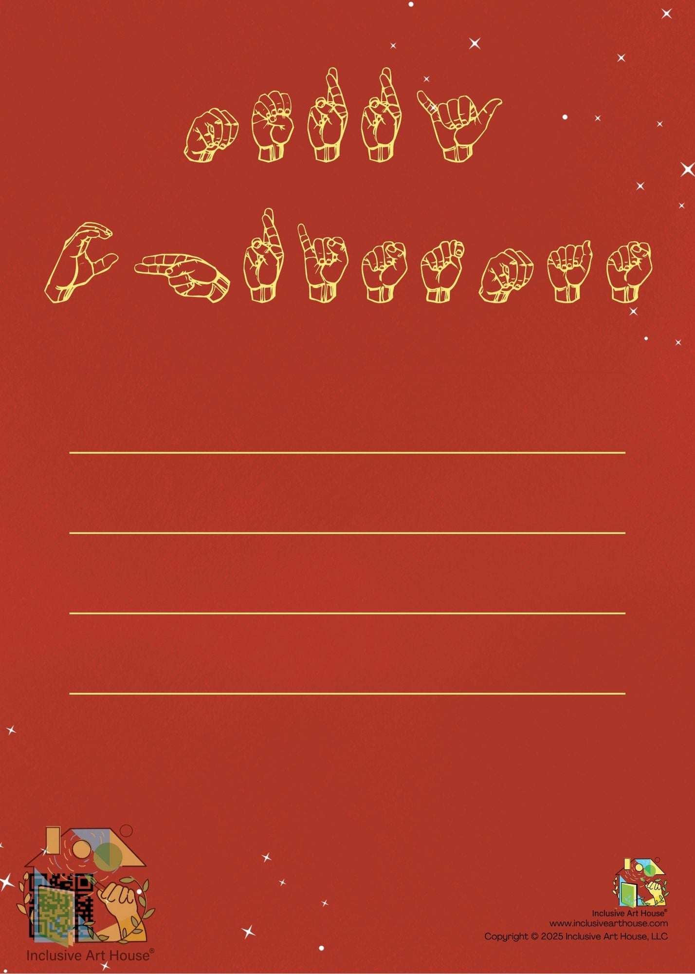 Holiday greeting card with ASL (American Sign Language) hand signs on a red background, with a writing part for dedication
