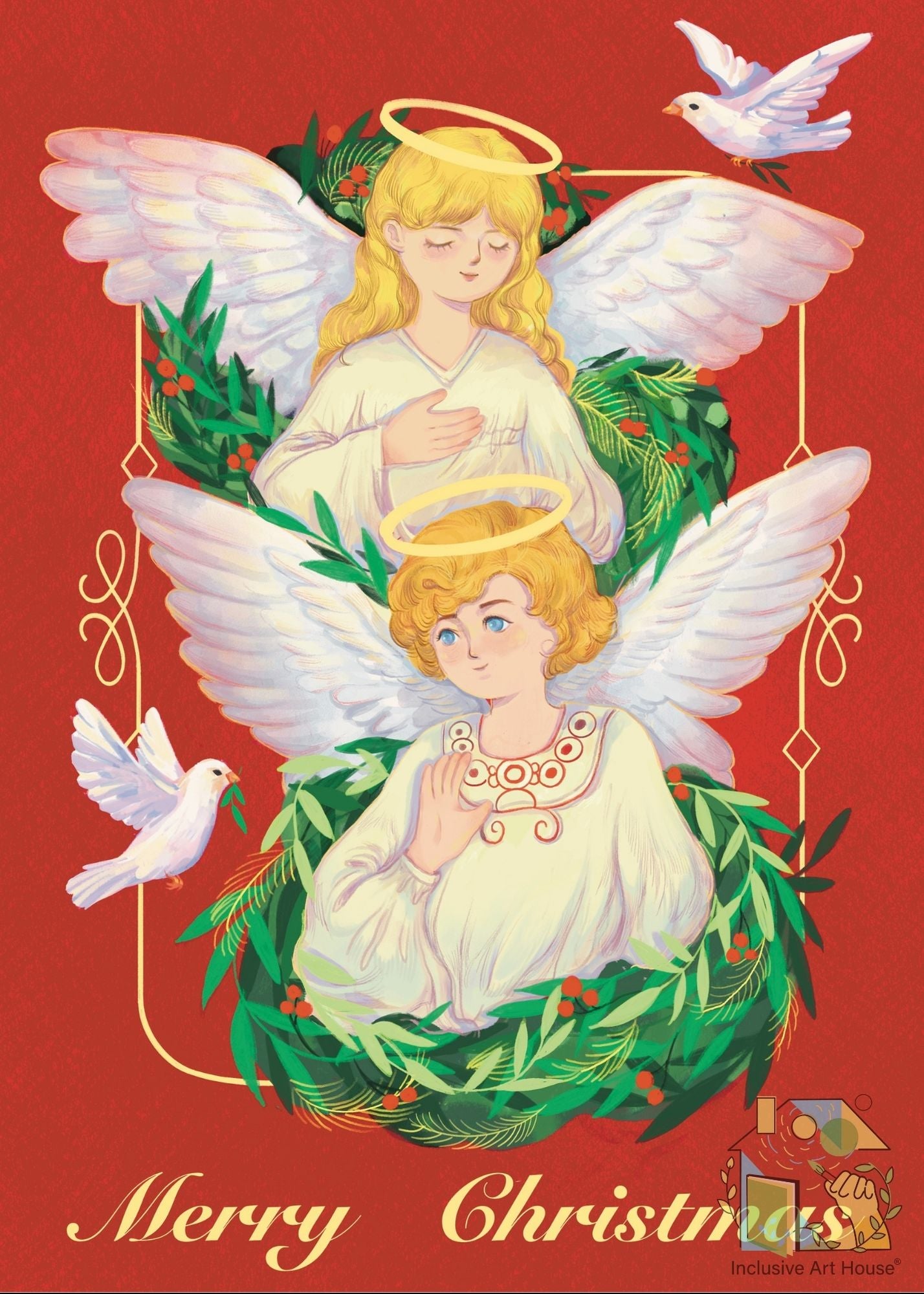 Christmas card with two angels, a dove, and holly on a red background making a sign language or ASL.
