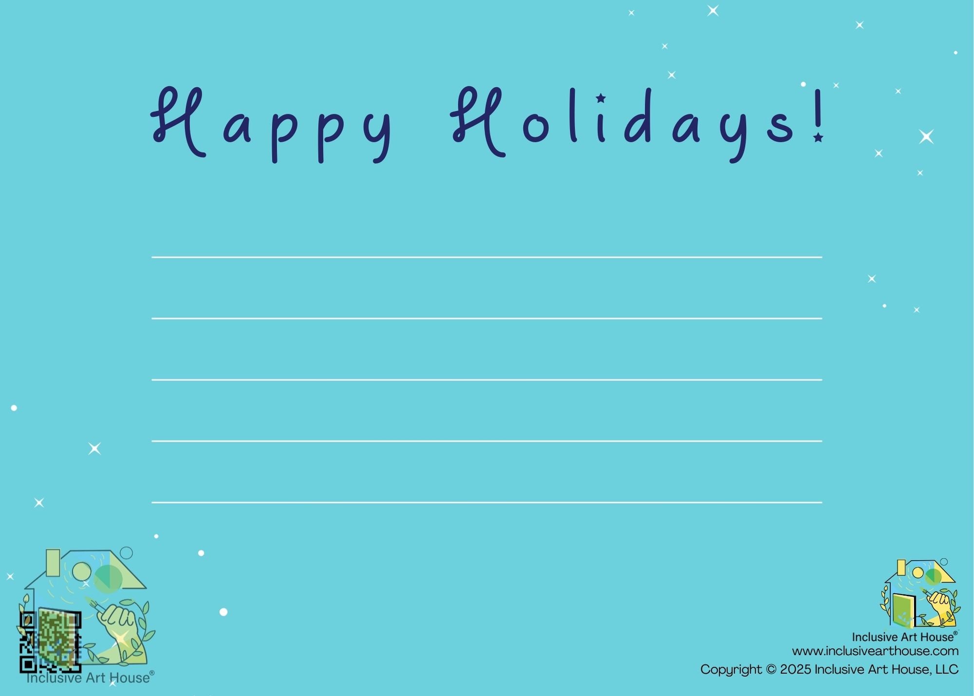 An inclusive holiday card with 'Happy Holidays!' text and space for writing on a light blue background.