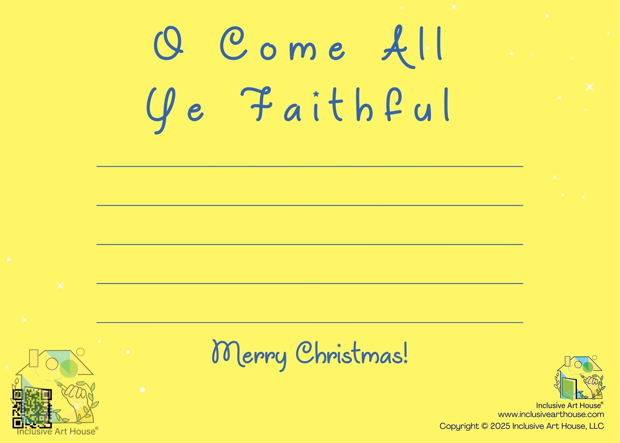 Yellow holiday greeting holiday card with 'O Come All Ye Faithful' text and space for writing on a yellow background.