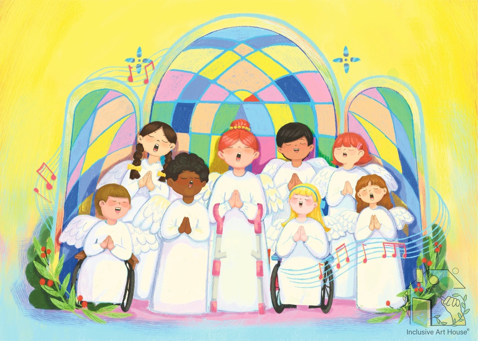 Illustration of angels singing in front of a colorful stained glass window with an angel in a wheelchair