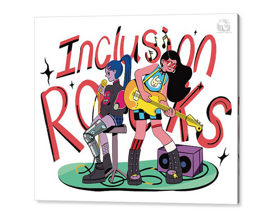 inclusion rocks in english in acrylic print a two girls in a band singing their hearts out designed to inspire disabled persons to participate in activities they enjoy