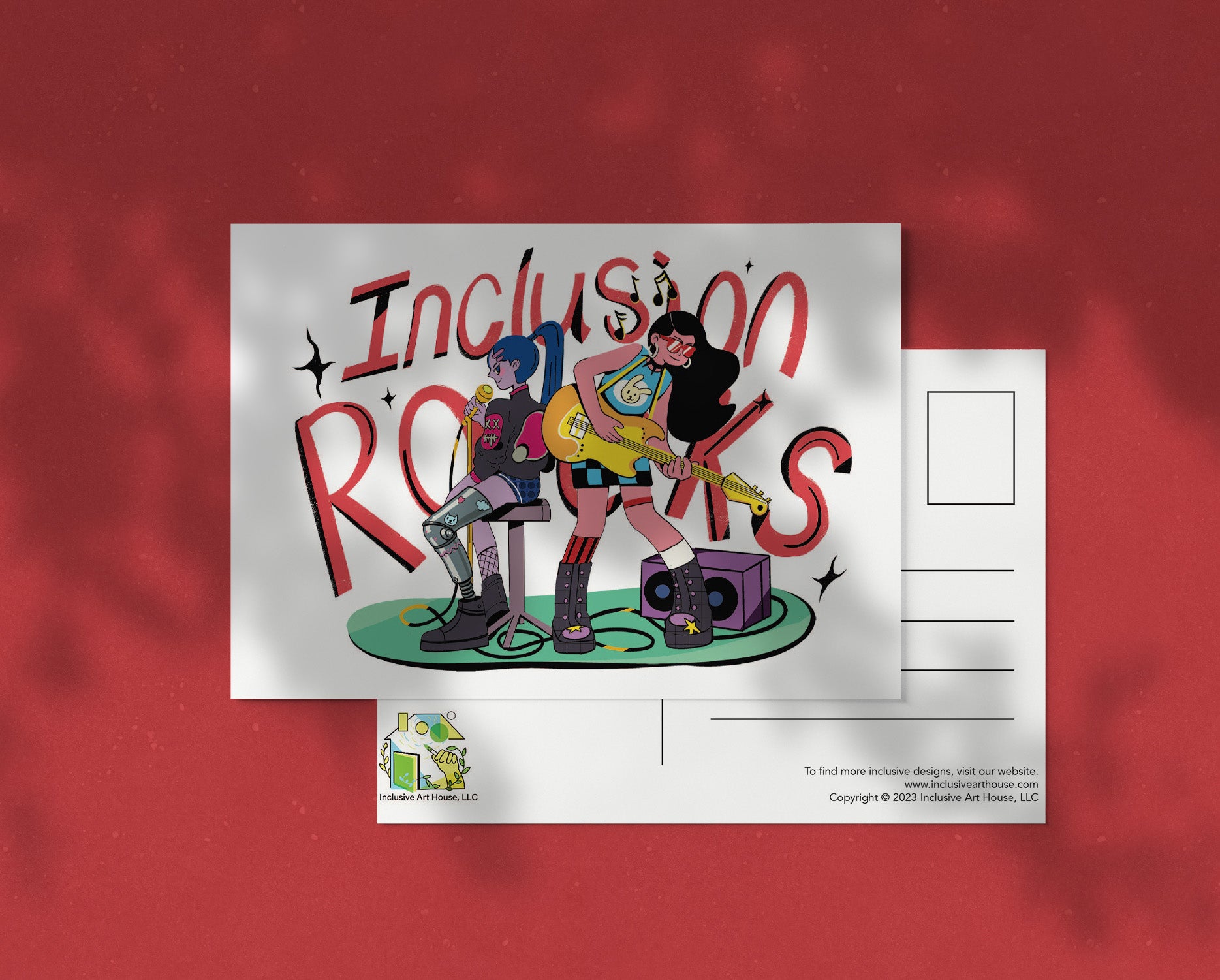 Colorful postcard with the message "inclusion rocks" in bold letters, promoting diversity and acceptance.